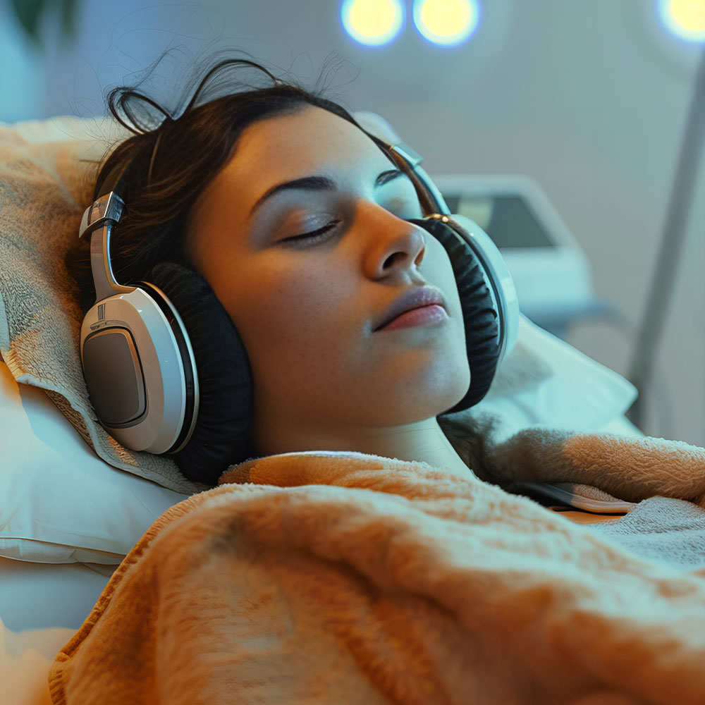 A woman lying down with headphones on her ears, seemingly asleep or resting, in a medical or healthcare setting.